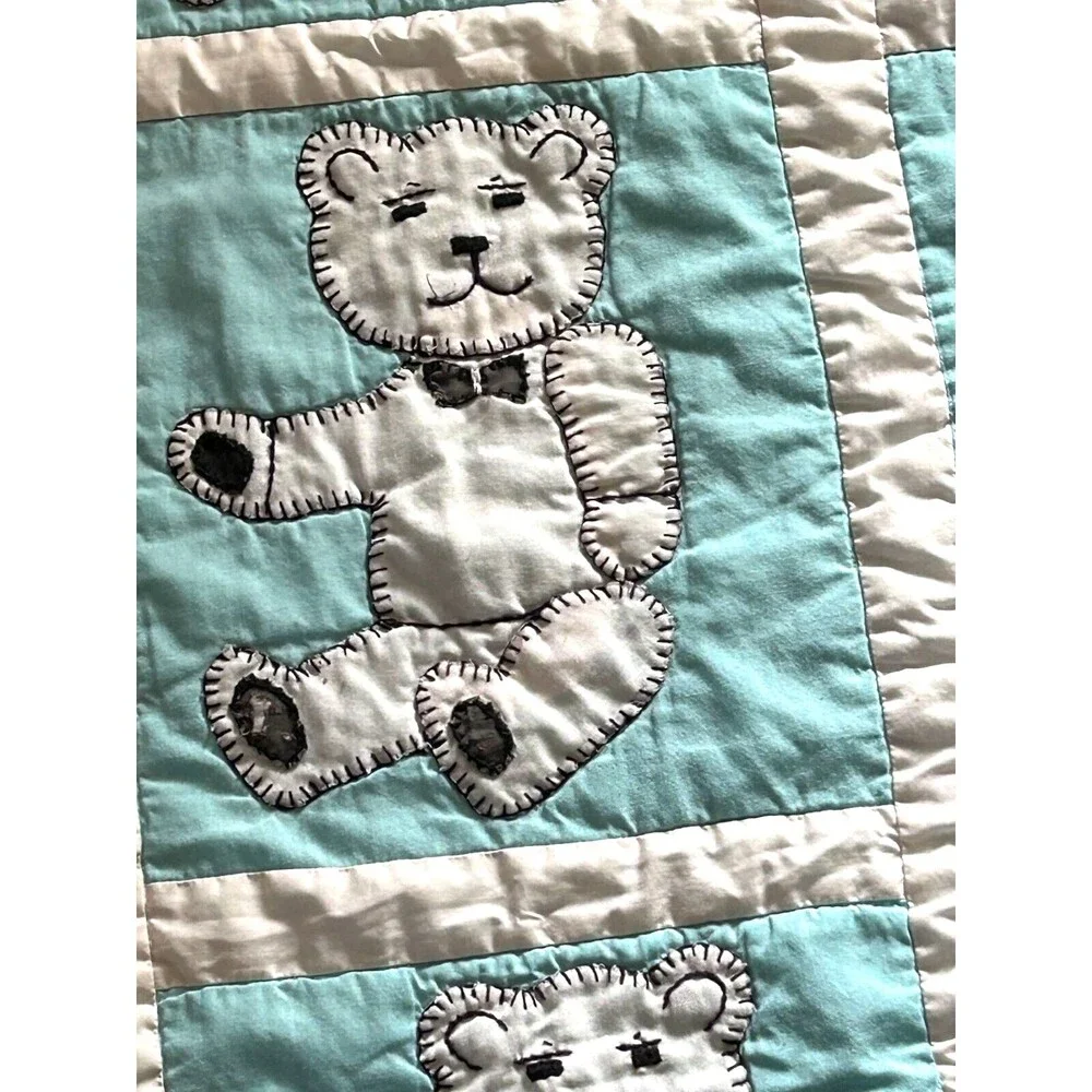 Handmade White with Blue Teddy Bear Hand Quilted Baby Toddler Blanket 50 X 39